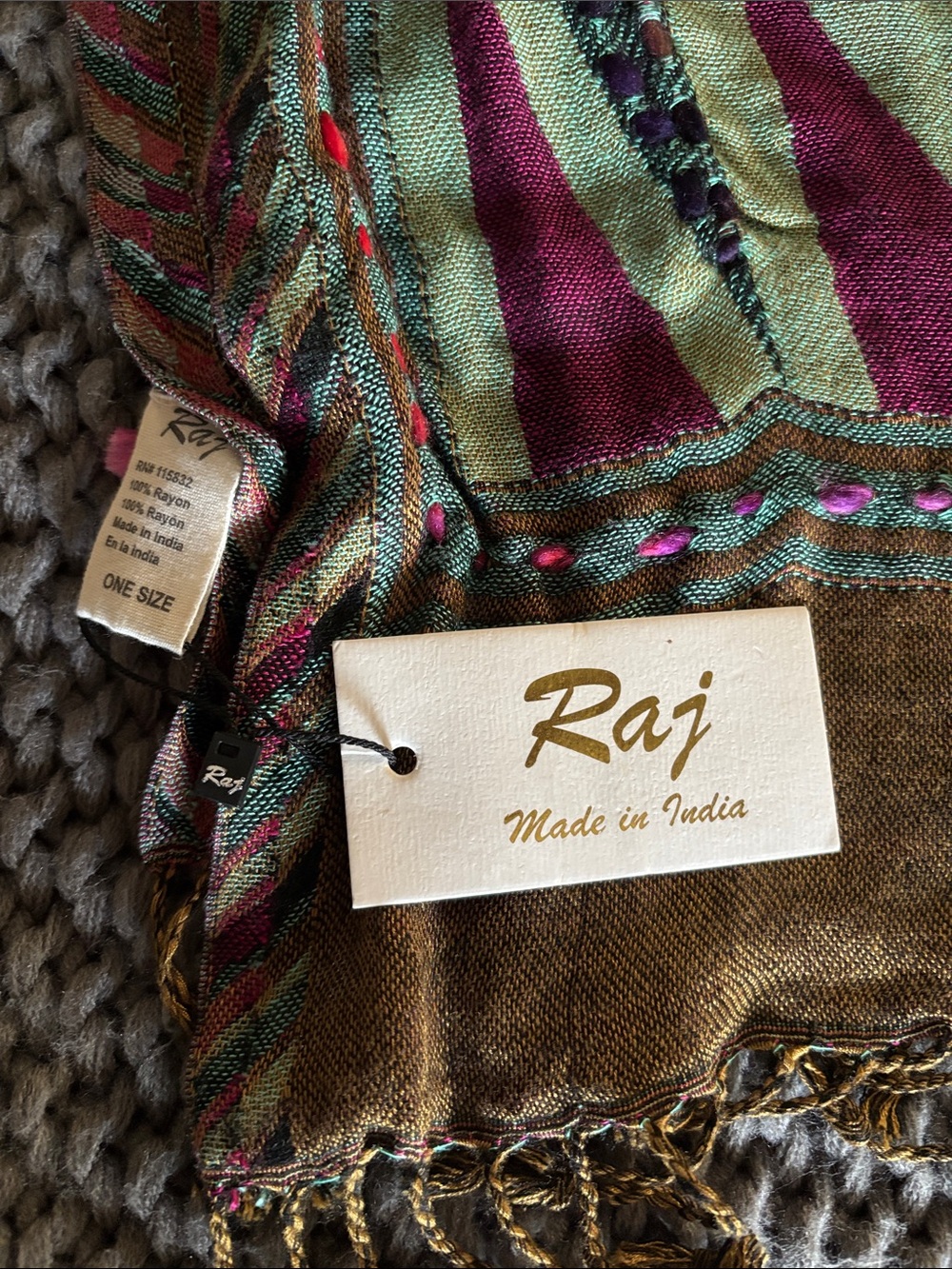 Raj Green and Magenta Striped Woven Scarf with Gold Accents